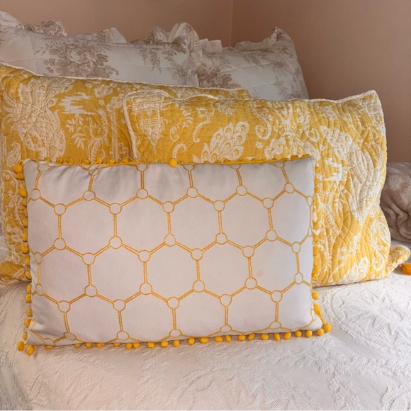 Three yellow and white decorative bed pillows, two standard one accent - Picture 1 of 3